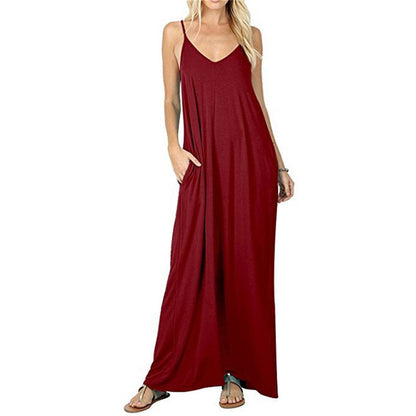 Womens Sling Backless Maxi Dress with Pockets