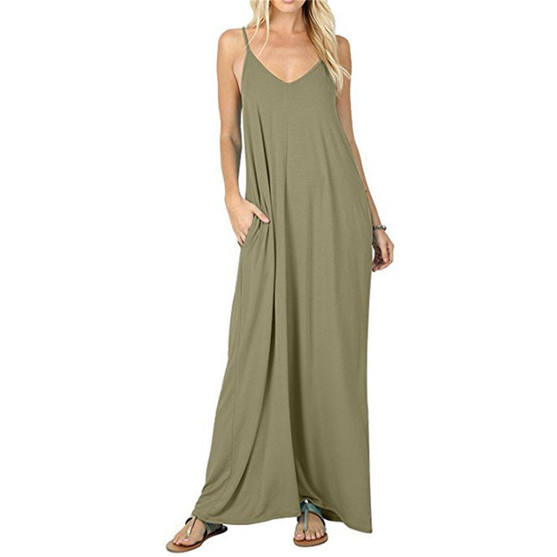 Womens Sling Backless Maxi Dress with Pockets