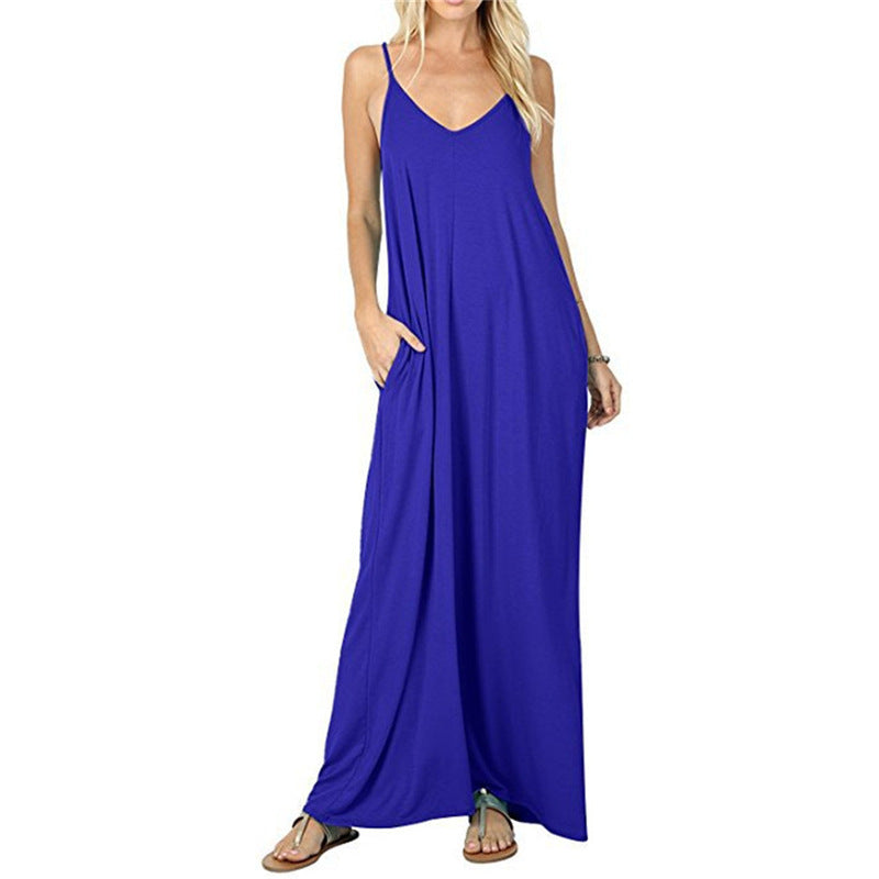 Womens Sling Backless Maxi Dress with Pockets