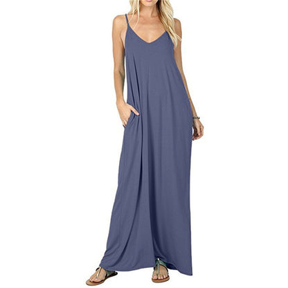 Womens Sling Backless Maxi Dress with Pockets
