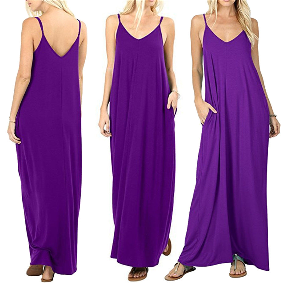 Womens Sling Backless Maxi Dress with Pockets