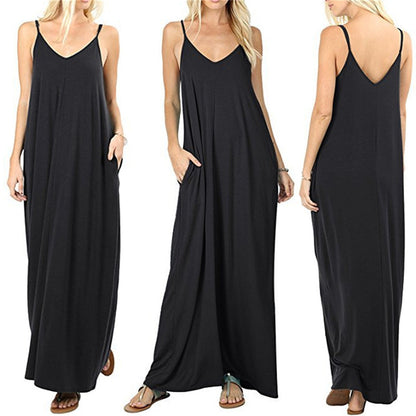 Womens Sling Backless Maxi Dress with Pockets