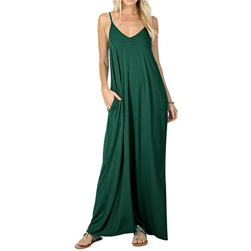 Womens Sling Backless Maxi Dress with Pockets