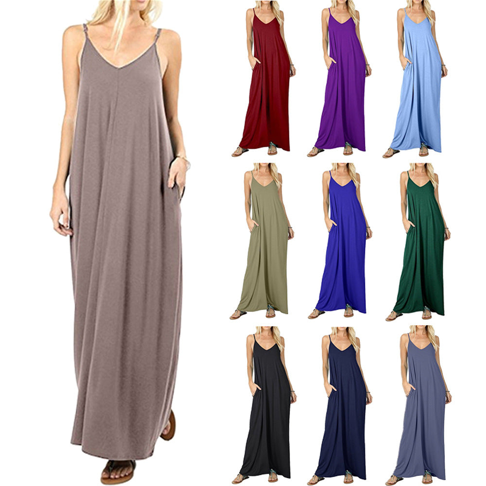 Womens Sling Backless Maxi Dress with Pockets