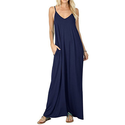 Womens Sling Backless Maxi Dress with Pockets