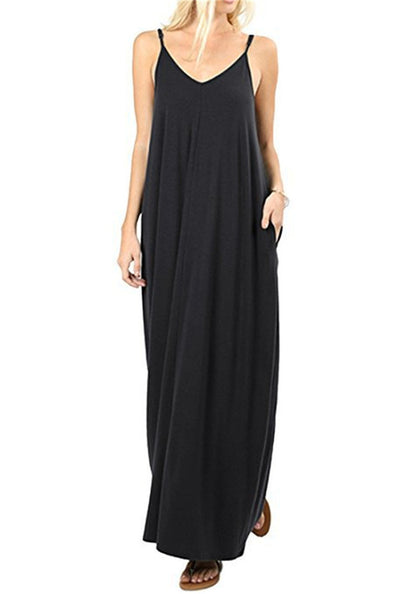 Womens Sling Backless Maxi Dress with Pockets
