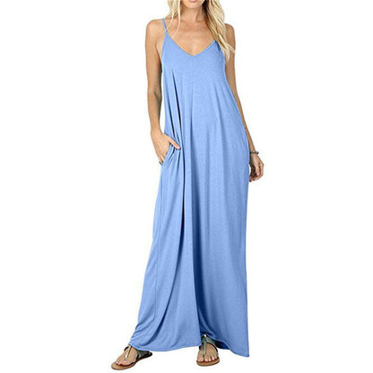 Womens Sling Backless Maxi Dress with Pockets