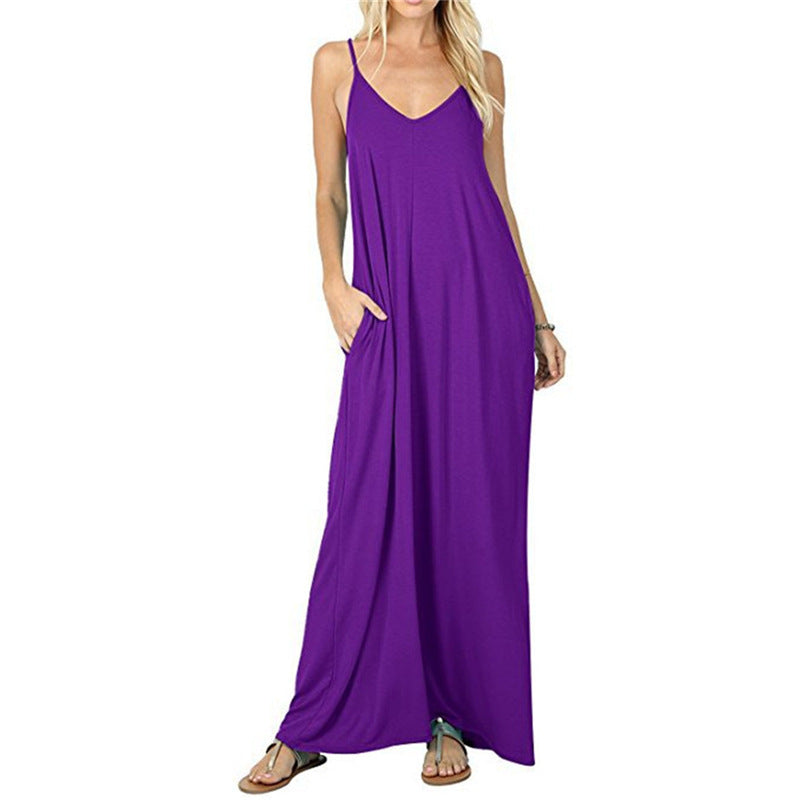 Womens Sling Backless Maxi Dress with Pockets